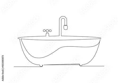 Continuous single line sketch drawing of bathtub clawfoot bath tub luxury bathroom furniture one line vector illustration