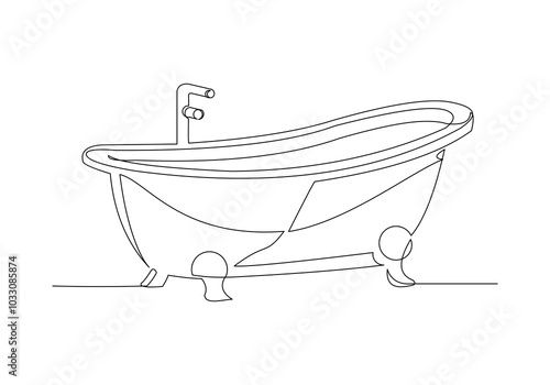Continuous single line sketch drawing of bathtub clawfoot bath tub luxury bathroom furniture one line vector illustration