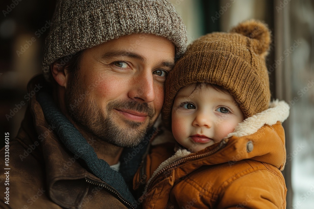 A man and a child share a warm moment by a window, both wearing cozy hats. A man and a child share a warm moment by a window, both wearing cozy hats.