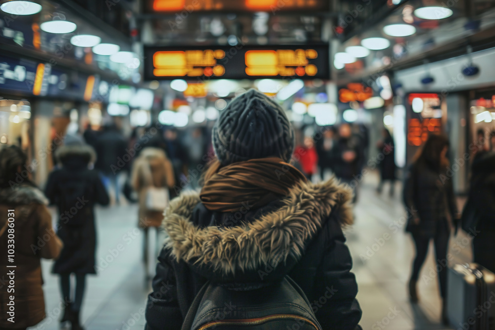 Person in a crowded train station, looking at multiple signs, turning in circles, bewildered Person in a crowded train station, looking at multiple signs, turning in circles, bewildered