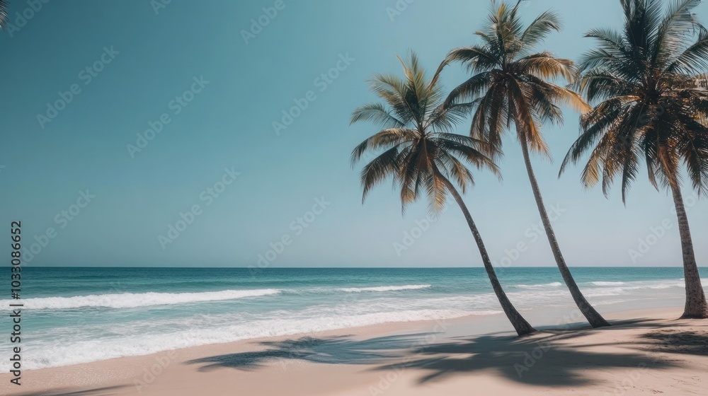 Obraz premium Three palm trees on a white sandy beach with turquoise ocean water under a clear blue sky.