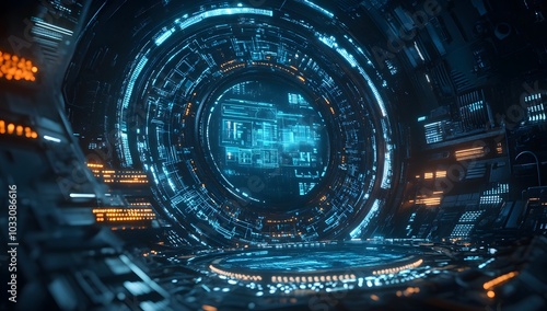 3D rendering of a futuristic, round digital display with cyberpunk elements and red light inside a space station