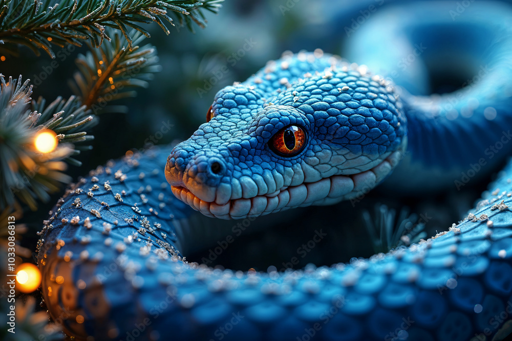 Fototapeta premium Close-up of a blue snake with red eyes, coiled around a branch adorned with Christmas lights.