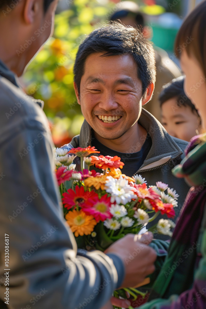 Volunteer receiving flowers from a community group, genuine smiles and thankful expressions all around Volunteer receiving flowers from a community group, genuine smiles and thankful expressions all around