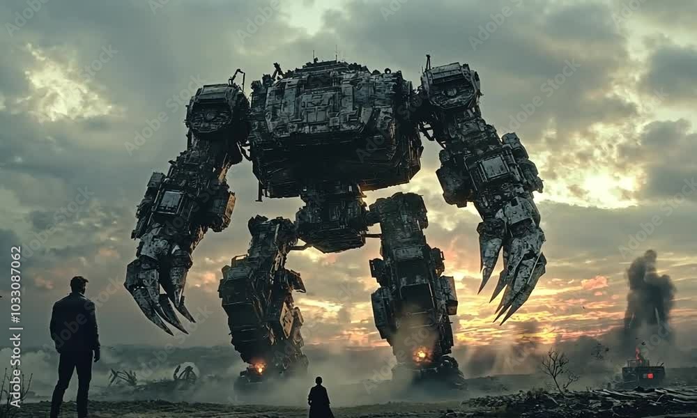 A colossal robot towers over a lone figure against a dramatic sunset backdrop. A colossal robot towers over a lone figure against a dramatic sunset backdrop.
