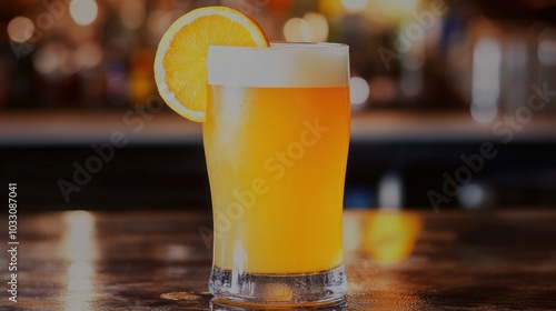 A tall glass of light beer with a slice of orange on the rim, sitting on a bar counter with a blurred background. photo