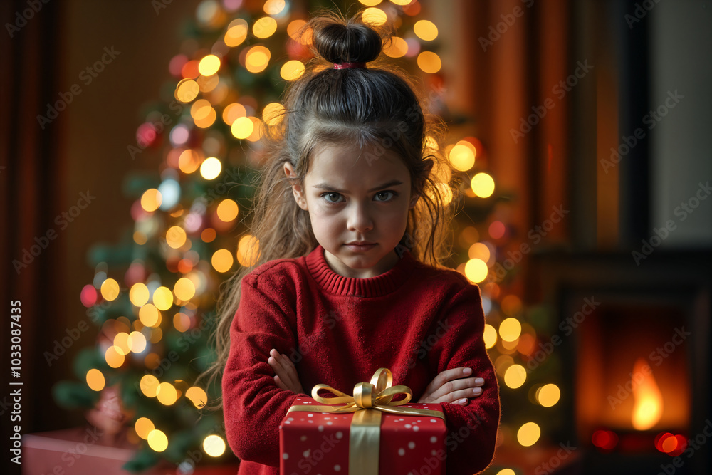 Young girl standing in front of a Christmas tree, holding a gift with a bow on it. She is wearing a red sweater and has her arms crossed. The background features a lit-up Christmas tree. Young girl standing in front of a Christmas tree, holding a gift with a bow on it. She is wearing a red sweater and has her arms crossed. The background features a lit-up Christmas tree.