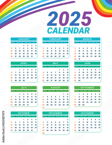 Modern 2025 new year english wall calendar template printable design
