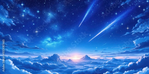 A serene night sky filled with stars and shooting meteors over a peaceful cloudscape at sunrise, anime art style