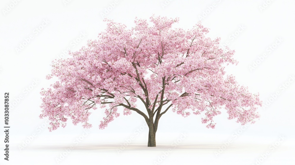 Naklejka premium A single, full-bloom cherry blossom tree with pink petals stands isolated against a white background.