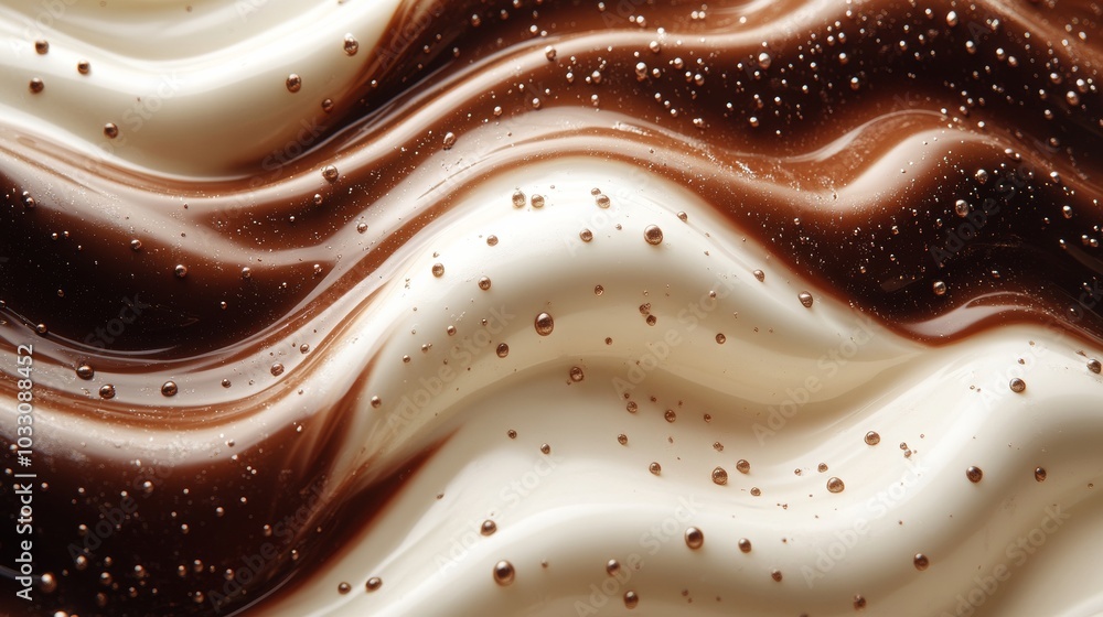 Swirls of dark and white chocolate with droplets. Confectionery art and texture concept Swirls of dark and white chocolate with droplets. Confectionery art and texture concept
