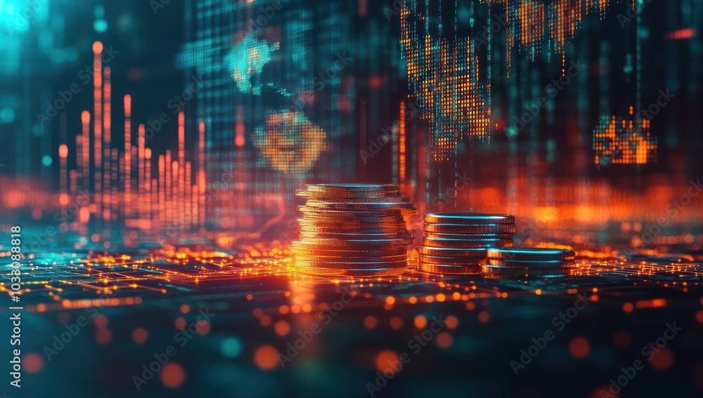 Stack of Coins with Digital Financial Graph Background Stack of Coins with Digital Financial Graph Background