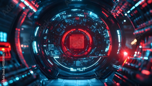 3D rendering of a futuristic, round digital display with cyberpunk elements and red light inside a space station. 