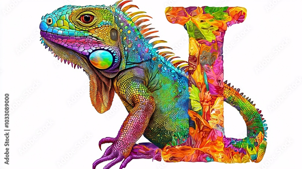 Obraz premium Inquisitive Iguana with the Letter I in Playful Colors