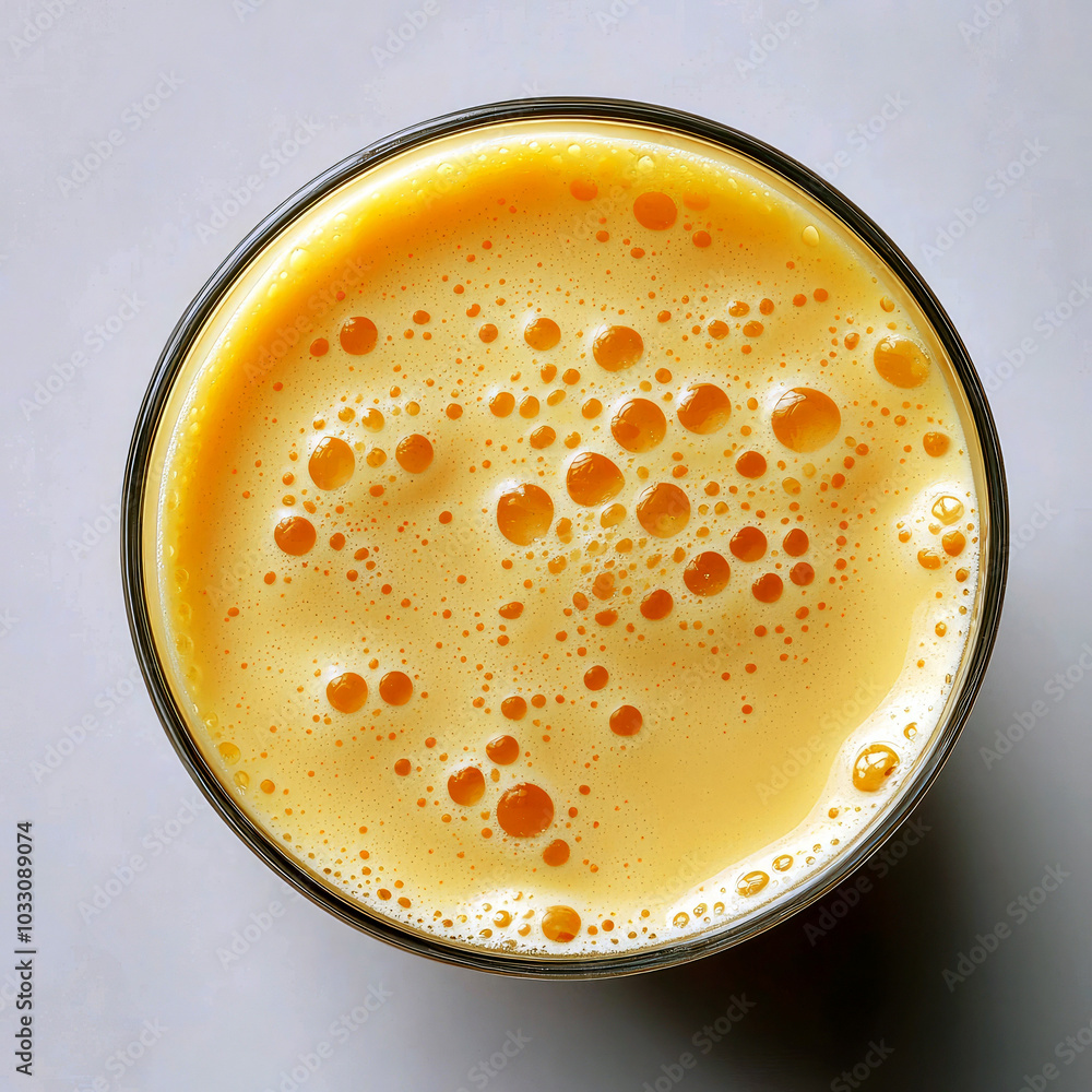 A close-up view of a frothy orange beverage in a glass. A close-up view of a frothy orange beverage in a glass.