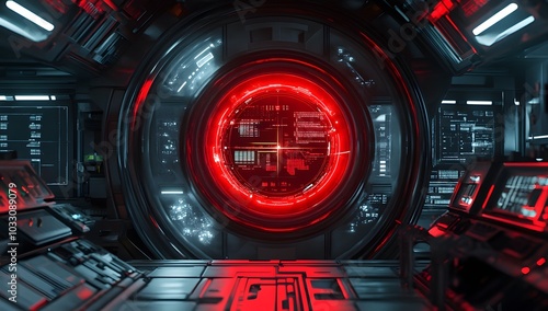 Fototapeta Naklejka Na Ścianę i Meble -  3D rendering of a futuristic, round digital display with cyberpunk elements and red light inside a space station. 