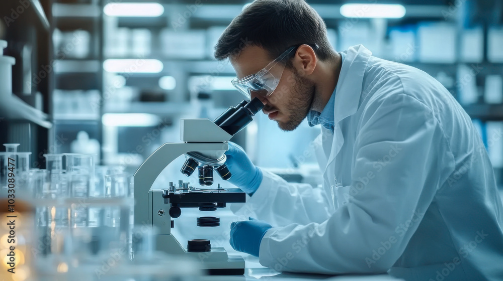 In a Modern Laboratory Two Scientists Conduct Experiments. Chief Research Scientist is Looking in a Microscope. In a Modern Laboratory Two Scientists Conduct Experiments. Chief Research Scientist is Looking in a Microscope.