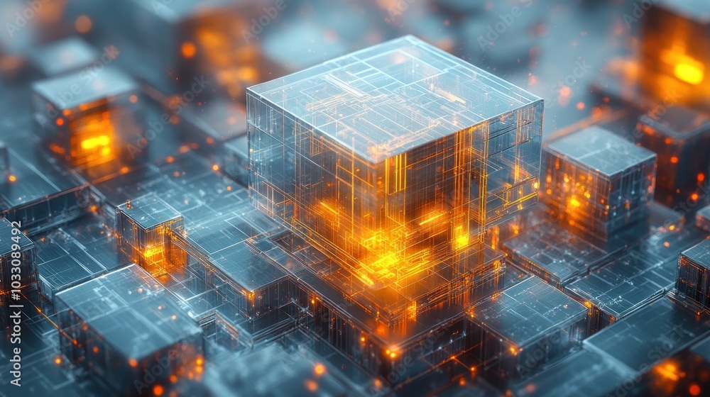 A futuristic digital landscape featuring glowing cubes and intricate patterns. A futuristic digital landscape featuring glowing cubes and intricate patterns.