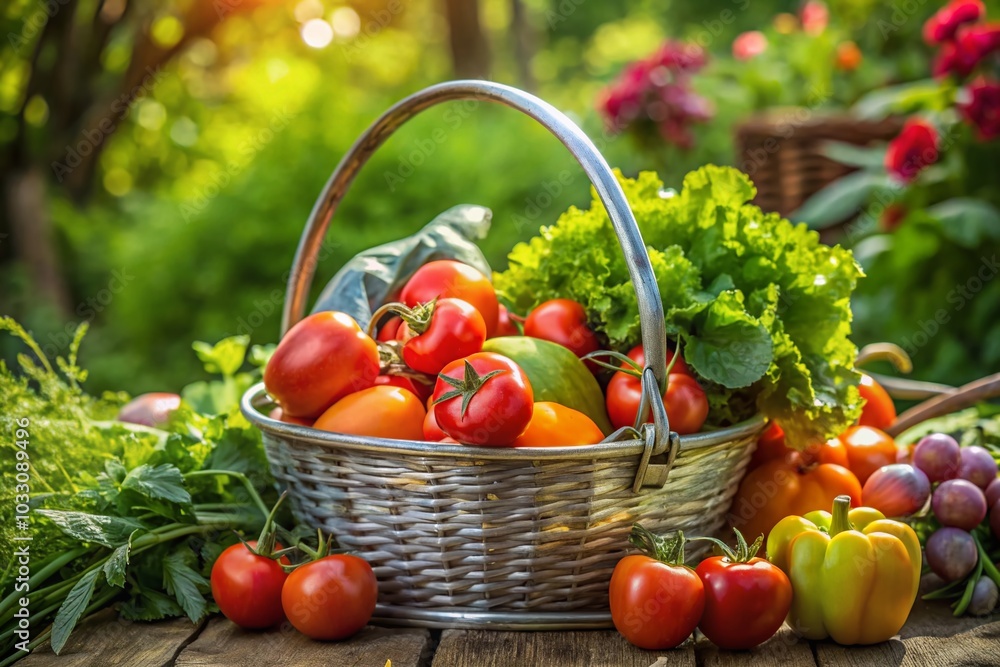Fresh Harvest: A Silver Basket of Colorful Vegetables in a Lush Garden Scene Fresh Harvest: A Silver Basket of Colorful Vegetables in a Lush Garden Scene