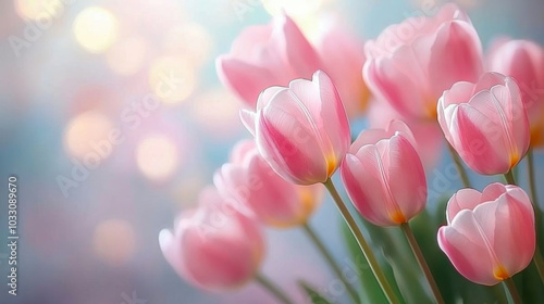 Spring blossoming tulips in garden, springtime pink flowers field background