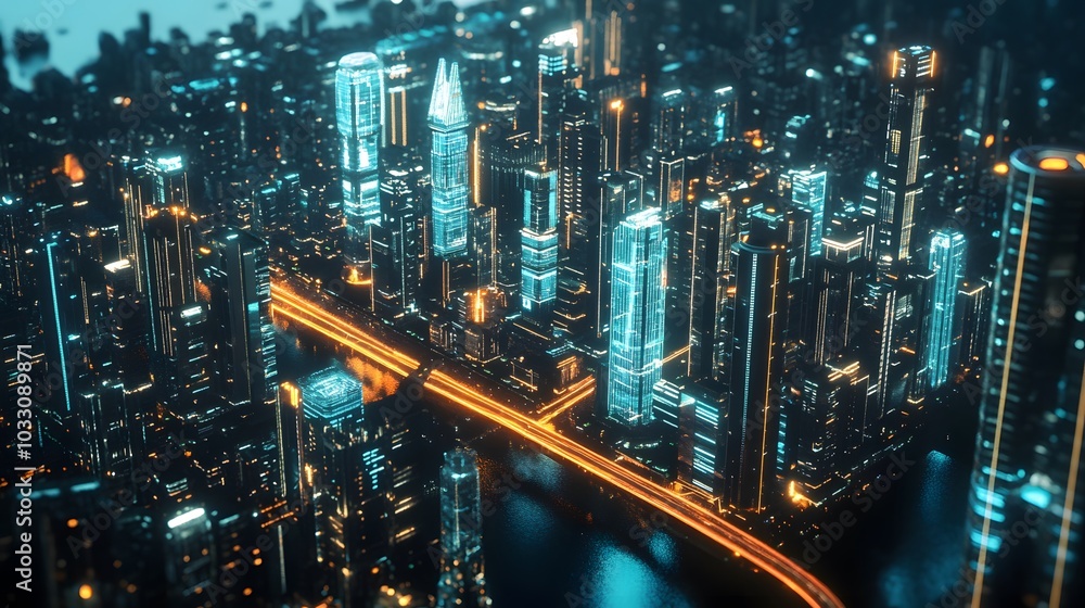 A Futuristic Cityscape with Illuminated Skyscrapers and Neon Lights A Futuristic Cityscape with Illuminated Skyscrapers and Neon Lights