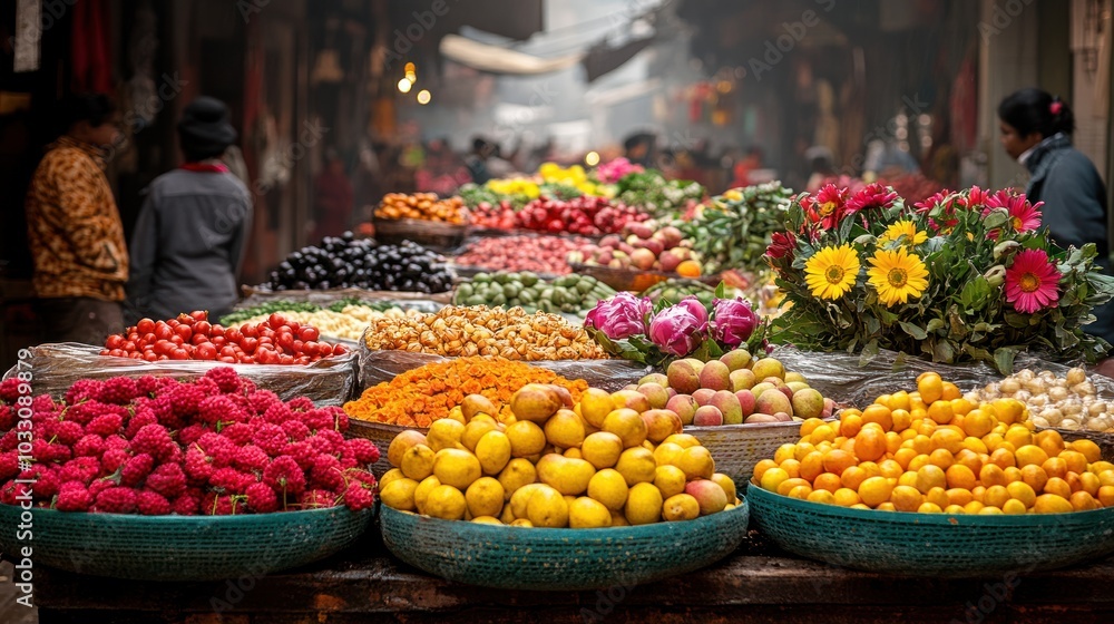 A vibrant market scene showcasing a variety of fresh fruits and flowers. A vibrant market scene showcasing a variety of fresh fruits and flowers.