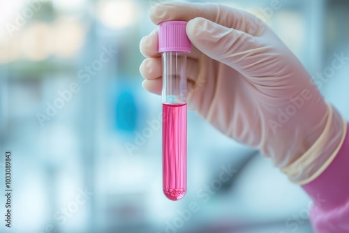 Scientist Holding Test Tube with Red Liquid in Laboratory Setting photo