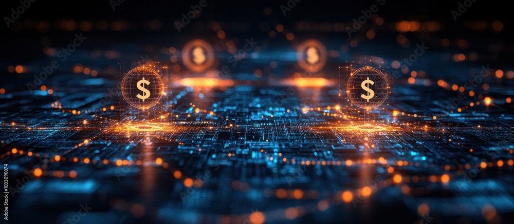 Digital representation of currency transactions in a futuristic network. Digital representation of currency transactions in a futuristic network.