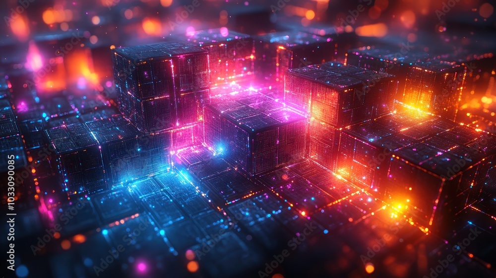 A vibrant digital landscape featuring glowing cubes and abstract light patterns. A vibrant digital landscape featuring glowing cubes and abstract light patterns.