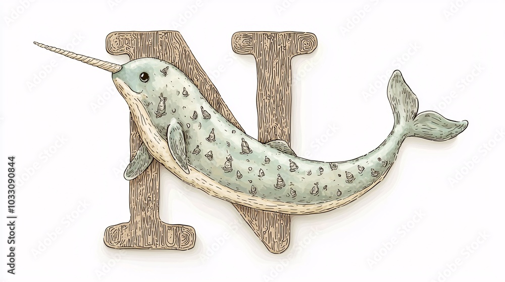 Fototapeta premium Nurturing Narwhal with the Letter N in Soft Colors