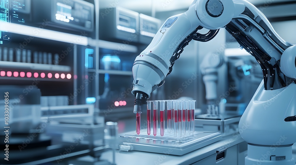 Robotic Arm Dispensing Liquid into Test Tubes in a Laboratory Robotic Arm Dispensing Liquid into Test Tubes in a Laboratory