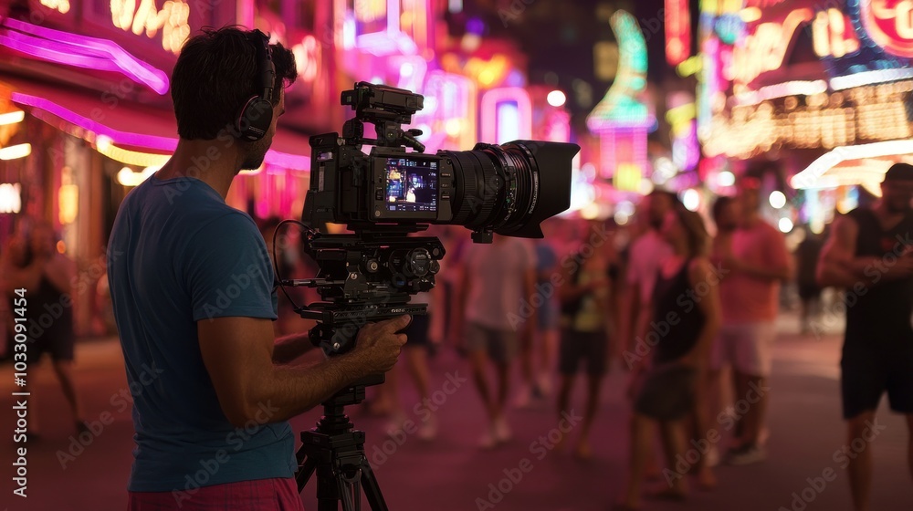 A Cameraman Films People Walking Through a Neon-Lit Street at Night A Cameraman Films People Walking Through a Neon-Lit Street at Night