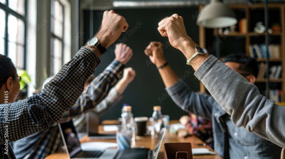 Excited celebrating success business teamwork in front of laptop at office workspace, fists raise in achievement gesture.
Excited celebrating success business teamwork in front of laptop at office workspace, fists raise in achievement gesture.