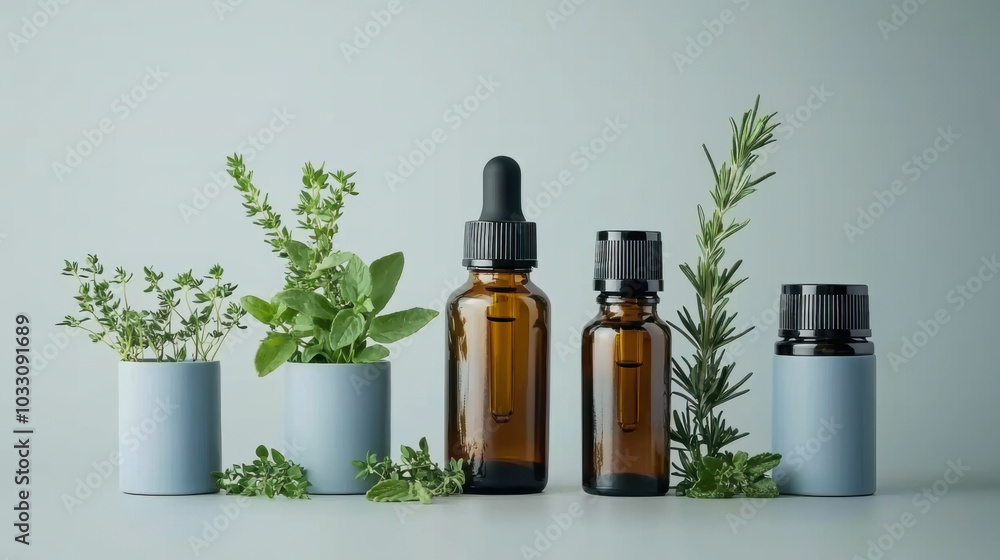 top view Aesthetic arrangement of amber glass bottles and minimal fresh herbs on a soft background top view Aesthetic arrangement of amber glass bottles and minimal fresh herbs on a soft background