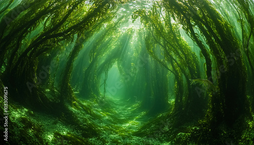 A dense forest of kelp-like trees that sway under the surface of an ocean