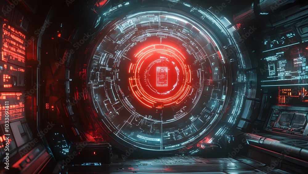 3D rendering of a futuristic, round digital display with cyberpunk elements and red light inside a space station. 3D rendering of a futuristic, round digital display with cyberpunk elements and red light inside a space station.