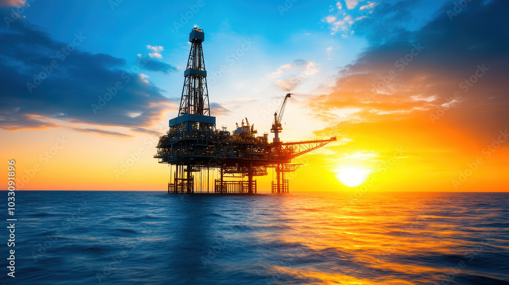Obraz premium Massive offshore oil platform at dawn, silhouetted against vibrant sunrise over ocean, showcasing industrial engineering and natural beauty