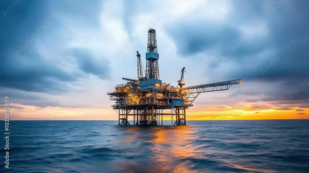 Offshore oil rig illuminated by setting sun, surrounded by calm waters and dramatic clouds, creating stunning industrial landscape Offshore oil rig illuminated by setting sun, surrounded by calm waters and dramatic clouds, creating stunning industrial landscape