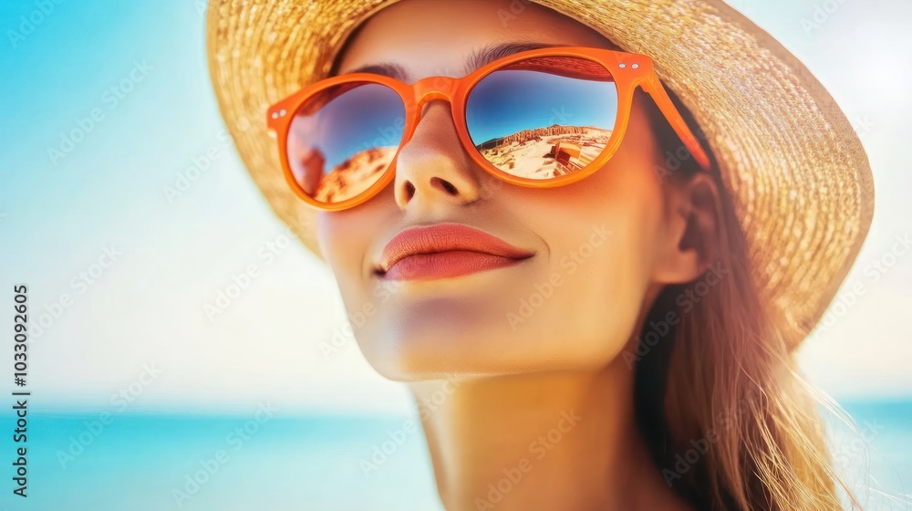 Woman in Straw Hat and Sunglasses Gazing at the Beach Woman in Straw Hat and Sunglasses Gazing at the Beach