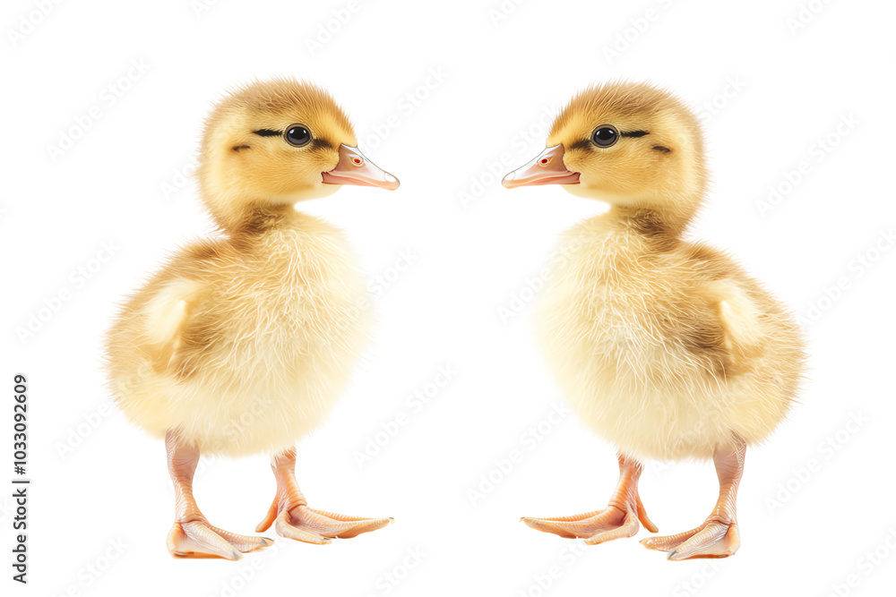 Two adorable baby ducks standing side by side on a white isolated background. transparent background Two adorable baby ducks standing side by side on a white isolated background. transparent background