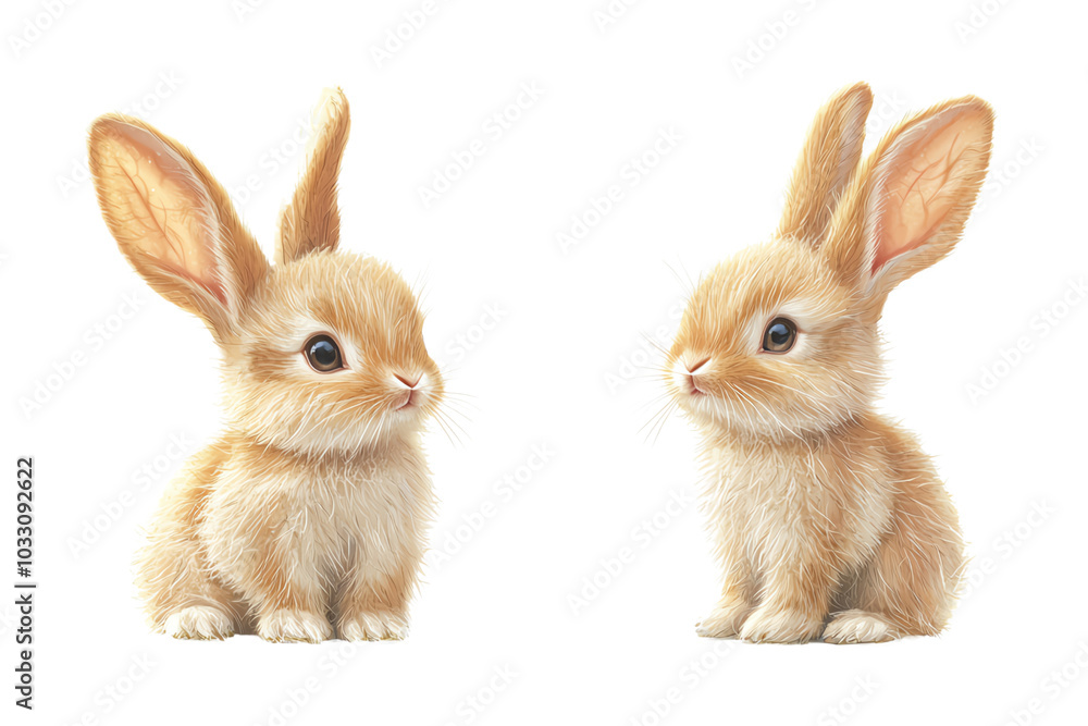 Fototapeta premium Two adorable brown rabbits sitting close together on a white isolated background. transparent background