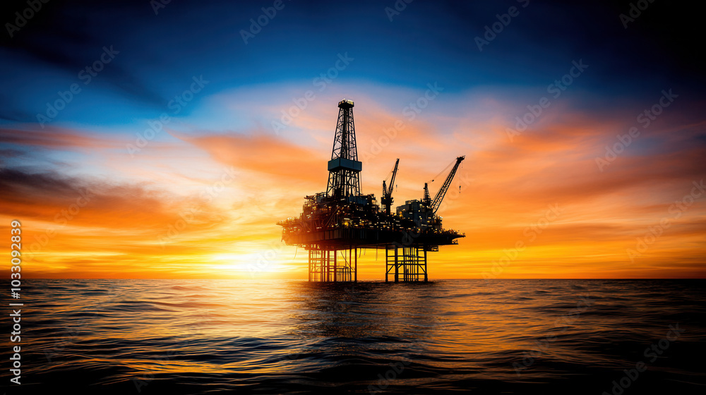 Offshore oil rig silhouetted against fiery sunset, creating dramatic scene over calm ocean waters. vibrant colors evoke sense of tranquility and industry Offshore oil rig silhouetted against fiery sunset, creating dramatic scene over calm ocean waters. vibrant colors evoke sense of tranquility and industry
