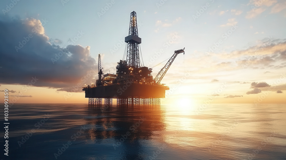 Offshore oil rig silhouetted against fiery sunset, surrounded by calm waters. scene captures beauty of industrial engineering in harmony with nature Offshore oil rig silhouetted against fiery sunset, surrounded by calm waters. scene captures beauty of industrial engineering in harmony with nature
