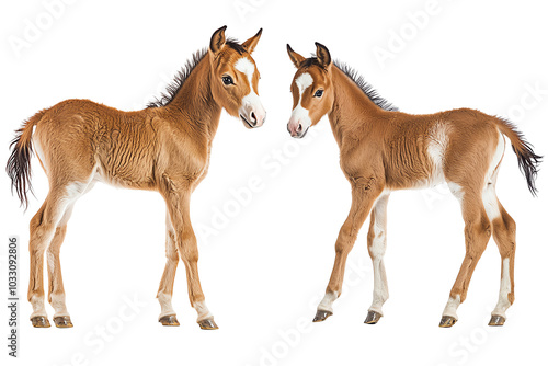 Two adorable foals standing together, showcasing their playful nature, on a white isolated background. transparent background