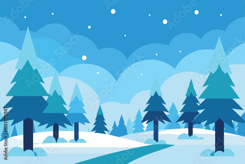 Winter forest with trees blanketed in snow, capturing the essence of a peaceful, wintry scene flat vector illustration