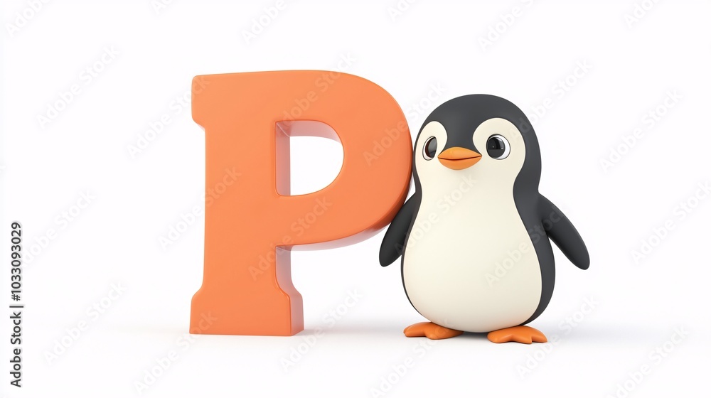 Fototapeta premium Cute Penguin with the Letter P in Cheerful Design