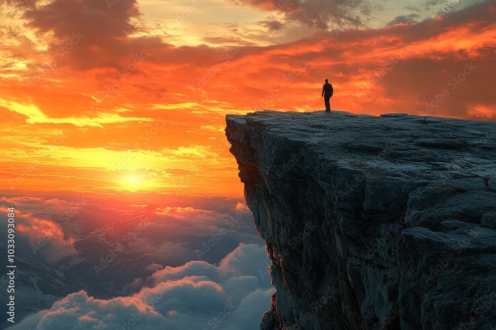 Silhouette of a Person Standing on Cliff at Vibrant Sunset above Clouds Silhouette of a Person Standing on Cliff at Vibrant Sunset above Clouds