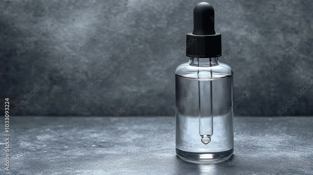 clear glass dropper bottle with black lid, sitting on a textured grey surface clear glass dropper bottle with black lid, sitting on a textured grey surface