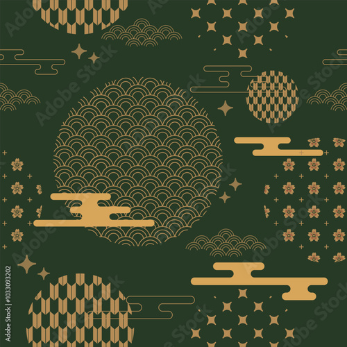 Japanese Chinese seamless pattern with eastern asia elements. Vector illustration abstract concept. For packaging wrapping, textiles, paper, wallpapers