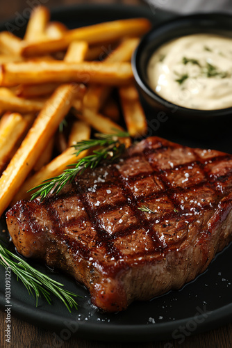 Juicy steak with fries and dip, gourmet meal. photo